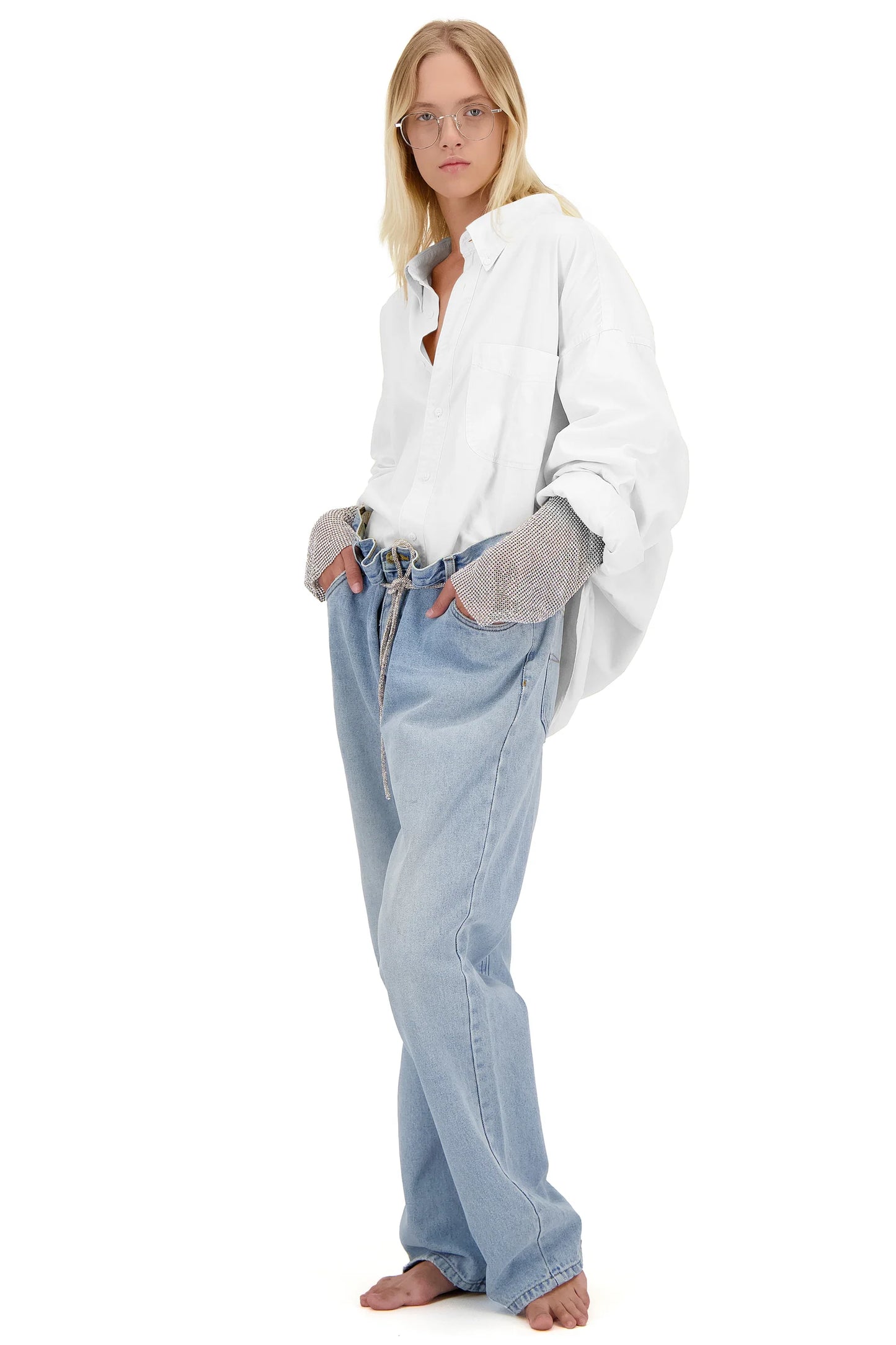 WHITE SHIRT WITH CRYSTAL SLEEVES