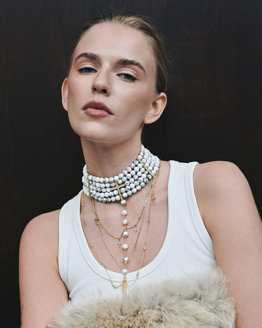“CROSS” CHOKER WHITE MARBLE |GOLD | ONLY 1 PC