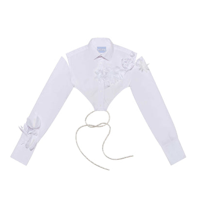 WHITE FLOWER CROP SHIRT WITH OPEN BACK & CRYSTAL BELT