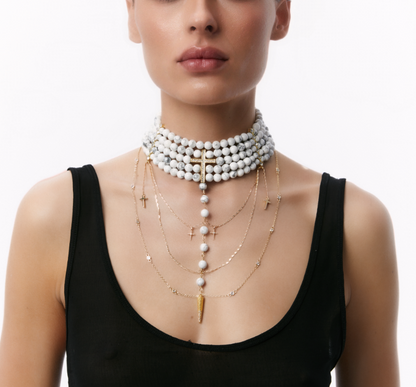 “CROSS” CHOKER WHITE MARBLE |GOLD | ONLY 1 PC